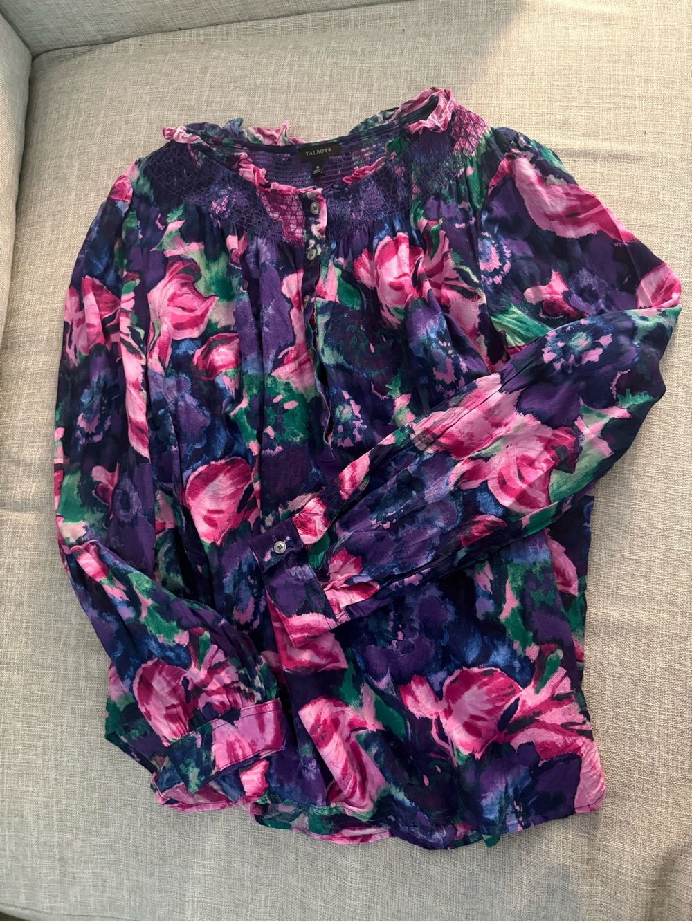 Talbots Purple Floral Button-Up Peasant Blouse